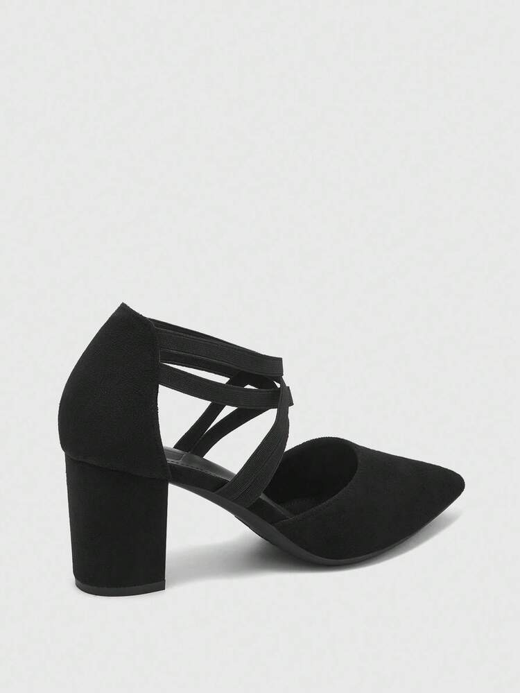 CUCCOO BIZCHIC Women's Fashion Black Elastic Strap Pointed Toe Chunky High Heel Pumps, Suitable For Commute, Date, Party, Wedding, Holiday For Christmas Spring Shoes