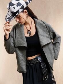 Easelle Women's Gray Casual Dropped Shoulder Floral Trim Jacket, Autumn And Winter Overcoat Gray Contrast Edge Autumn And Winter Retro - Grey - View 6