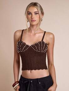SHEIN BAE 秋冬女款仿珍珠吊带镂空短款针织上衣 - 咖啡棕 - 查看 3