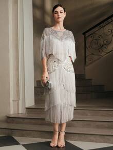 Anewsta Women's Fashion New Hot-Selling Heavily Beaded Patchwork Tassel Elegant Party Evening Suit - Grey - View 4