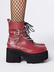 ROMWE Grunge Punk Botas de tobillo con suela gruesa y tacón ancho de estilo punk para mujer, con decoración de cadena metálica gótica, plataforma, botas de combate cómodas, para Halloween