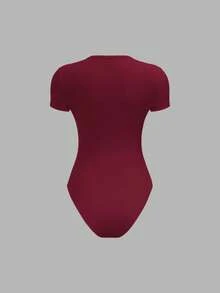 SHEIN BASICS Casual Solid Color Knit Crew Neck Short Sleeve Bodysuit For Women Summer Outfit For Women - Burgundy - View 3