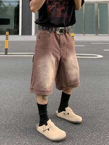 Manfinity EMRG 男士宽松口袋阔腿休闲牛仔短裤 - 咖啡棕 - 查看 6