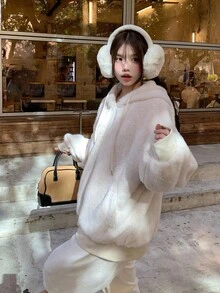 DAZY 女士纯色连帽宽松休闲仿皮草大衣，韩版夹克 - 藕粉色 - 查看 8
