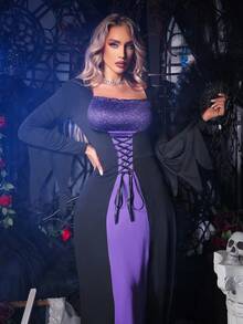 Women's Skull Print Square Neck Tie-Up Design Costume Dress  Cozy And Elegant Details - Black - View 1