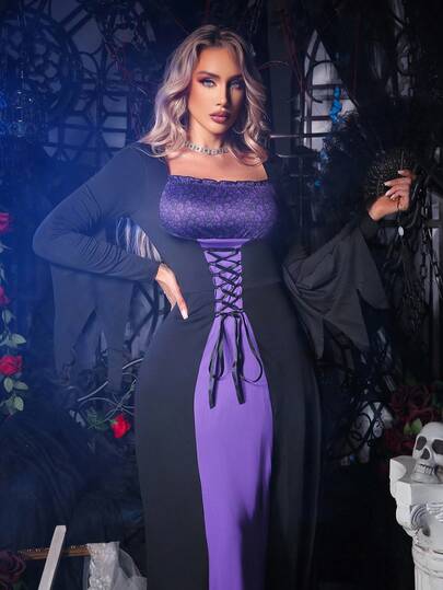 Women's Skull Print Square Neck Tie-Up Design Costume Dress  Cozy And Elegant Details