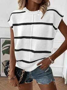 Calvaya 女士秋冬新款休闲宽松圆领落肩无袖针织背心毛衣，时尚条纹拼色套头衫 - 黑與白 - 查看 3