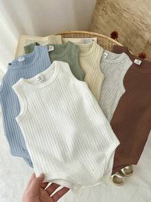 SHEIN Vintaside Kids Bodysuit Casual Sem Manga de Cor Sólida para Bebê Menino, Verão - Multicolorido - Visão 5