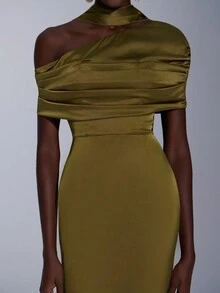 Elitara 优雅、浪漫、性感、时尚、绿色、弹力缎面、鱼尾下摆、拖尾、网红、节日、度假、生日派对、婚礼活动、伴娘礼服 - 軍綠色 - 查看 5