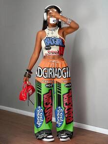 Slaydiva Bộ 2 món đồ mặc thường ngày cho nữ, áo hai dây bó sát và quần ống rộng, thích hợp mặc dạo phố, in hình xe đua - Nhiều màu - Xem 6