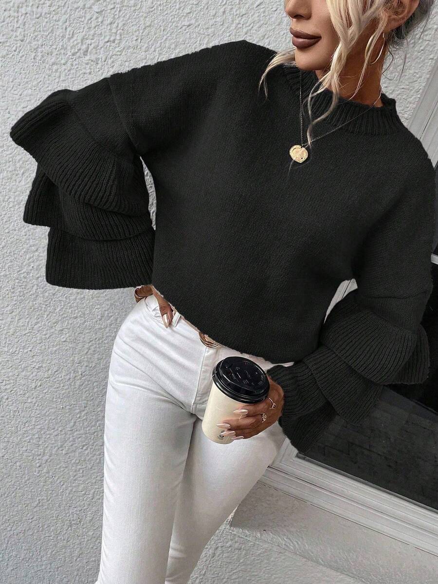 EMERY ROSE Women's Solid Color Round Neck Flare Sleeve Loose Casual Sweater, Autumn - Black - View 1