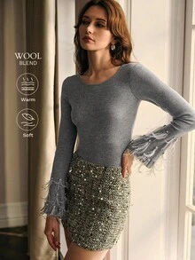 MOTF PREMIUM Áo len tay loe đính ngọc trai giả - Xám - Xem 2