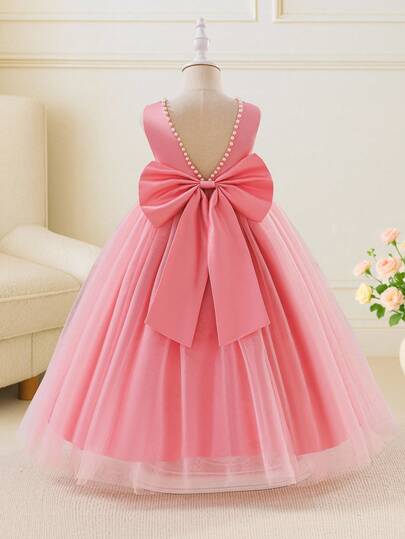 Glamorique Kids 女童缎面无袖 V 领连衣裙，大蝴蝶结设计，公主裙适合日常、派对、聚会，展现优雅与时尚