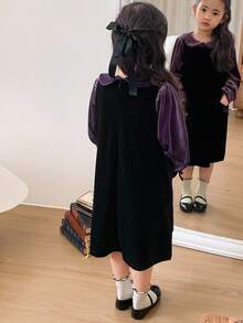 DAZY Girls Young Girl Fall/Winter Velvet Pinafore Dress Set, Collared Blouse, Cute Bow Design, Casual & Fashionable Everyday Wear - Multicolor - View 6