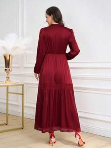 Ellevyn Women's Elegant Burgundy Long Sleeve Lace Patchwork Dress - Burgundy - View 9