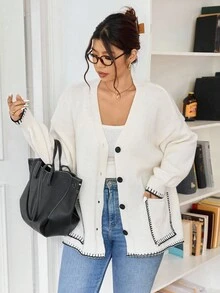 SHEIN Frenchy Cardigan Rajut Santai Kasual Minimalis Ukuran Plus Serbaguna Gaya Urban Chic untuk Wanita/Musim Dingin/Musim Dingin - Krem - View 5