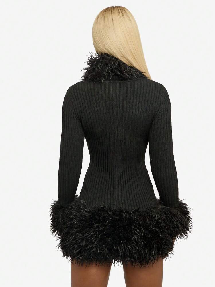 SUMWON WOMEN Sukienka mini z prążkowanej dzianiny z piórkowym wykończeniem i zamkiem z przodu