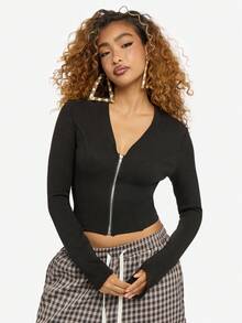 SUMWON WOMEN Cardigan negru, crop, cu mânecă lungă, cu fermoar și decolteu în V, model striat, toamnă-iarnă - Negru - Vizualizare 5