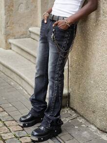 ROMWE MEN Street Life Men Slant Pocket Jeans Without Belt - Black - View 4