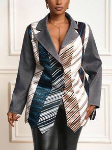 Slaydiva Bộ vest công sở trang trọng hàng ngày, thanh lịch, dễ mặc, dễ phối đồ, dáng rộng, tay dài, dáng rộng, họa tiết sọc, màu sắc cá tính, thiết kế thu đông 2025 dành cho phụ nữ ngoại cỡ - Nhiều màu - Xem 1