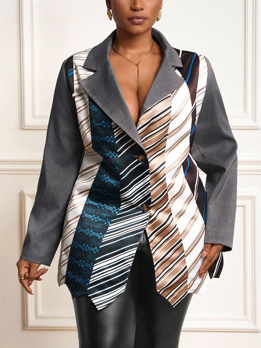 Slaydiva Bộ vest công sở trang trọng hàng ngày, thanh lịch, dễ mặc, dễ phối đồ, dáng rộng, tay dài, dáng rộng, họa tiết sọc, màu sắc cá tính, thiết kế thu đông 2025 dành cho phụ nữ ngoại cỡ - Nhiều màu - Xem 1