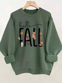 INAWLY Plus Size Fall Print Crew Neck Long Sleeve Sweatshirt - Army Green - View 1