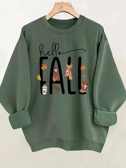 INAWLY Plus Size Fall Print Crew Neck Long Sleeve Sweatshirt