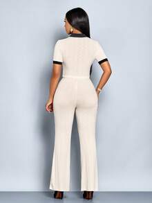 SOLERSUN Autumn And Winter Women's Wear Daily Leisure Commuting Apricot Knitted Velvet Jacquard Fabric Short Sleeves Polo Neck V Neck Collar And Cuffs Contrast Color Flared Pants Suit Fitted Two Pieces Suit Fall Cloth For Women