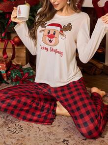 CoupledUp 2 件圣诞驯鹿印花长袖红格子睡衣套装，女士舒适优雅细节，秋季服装 - 彩色 - 查看 6