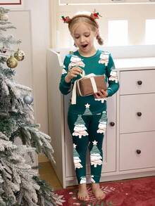 4pcs/Set Young Girl' Cute Christmas Tree & Gingerbread Man Cartoon Print Comfortable Pajama Set, Spring/Autumn - Multicolor - View 7