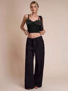 SHEIN BAE Camiseta de punto ajustada y corta con tirantes de perlas para mujer en otoño/invierno - Negro - Ver 7