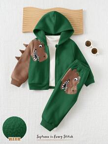 Cozy Pixies 2件套男童卡通恐龙印花连帽夹克和松紧腰裤套装 - 墨綠色 - 查看 3