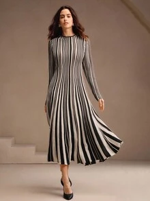 Women's Knitted Colorblock Ribbed Layered Dress - Black and White - View 1