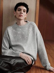 Uhlyne Uhlyne Minimalist Grey Knitted Women Sweater, Long Sleeve Crew Neck, Simple Commuting Fashion Office Church Wedding Party Comfortable Teacher Sweater With Rhinestones, Autumn/Winter