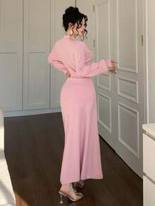 DAZY Robe pull élégante à encolure en V et taille cintrée pour femmes - Rose bonbon - Voir 3