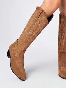 ROMWE Kawaii Botas occidentales de mujer con diseño hueco de alas de mariposa bordadas en marrón, nuevas botas de piel por encima de la rodilla para primavera/otoño - Caqui - Ver 3