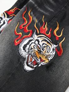 ROMWE MEN Street Life Herren Jeans mit Flammen Muster, Tasche, Falten und weitem Bein - Schwarz - Übersicht 6