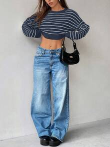 Chiquease Suéter holgado y casual a rayas y corto para mujer