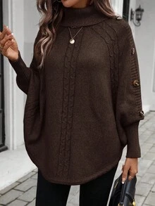 SHEIN LUNE Áo len Poncho cổ lọ tay cánh dơi cài nút trang trí viền bất đối xứng cho nữ, Áo len dệt kim màu nâu thu đông Áo len màu nâu Áo len Poncho màu nâu Áo len cổ lọ màu nâu cho nữ Áo len cài nút màu nâu - Cà phê nâu - Xem 5