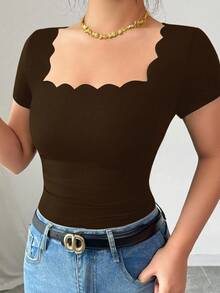 Selianne 夏季新款百搭黑色波浪下摆方领短袖侧褶女式T恤 - 咖啡棕 - 查看 7