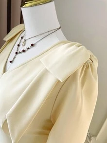 SHEIN Clasi 大码女式纯色V领长袖优雅连衣裙，带大码蝴蝶结装饰 - 黃色 - 查看 7