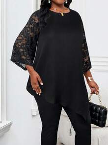 SHEIN Lady 2025新款黑色加大码女式纯色金属圆领七分袖宽松不对称下摆优雅蕾丝荷叶边袖长袖上衣，适合情人节、新年、派对、感恩节、假日外出等场合，时尚百搭。 - 黑色 - 查看 5