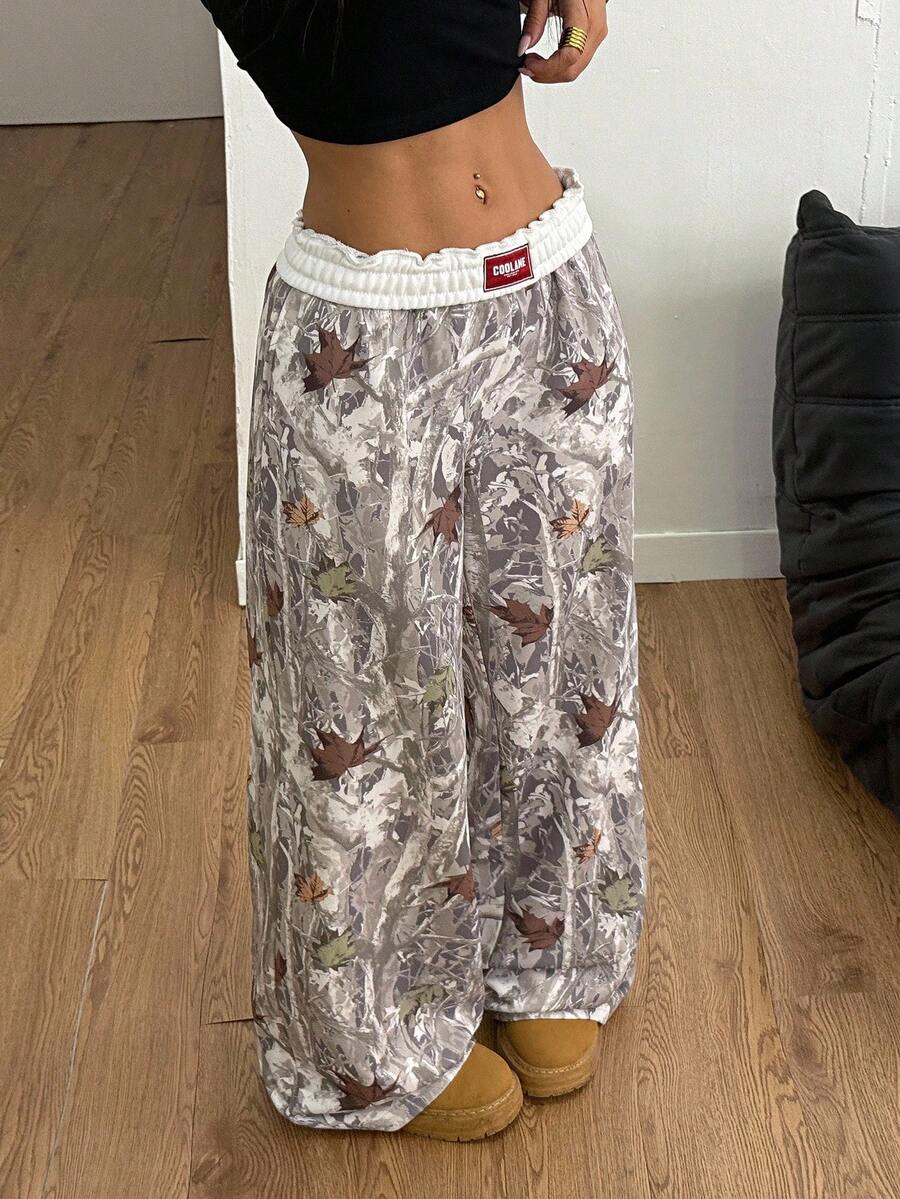 Coolane Kvinnors trädgrenmönster Wide Leg Casual Byxor - Vitt - Visa 1