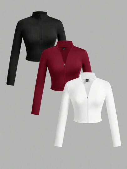 Slaydiva Set da 3 magliette casual da donna con scollo a V, maniche lunghe aderenti, bianco+nero+grigio, adatte per l'autunno/inverno