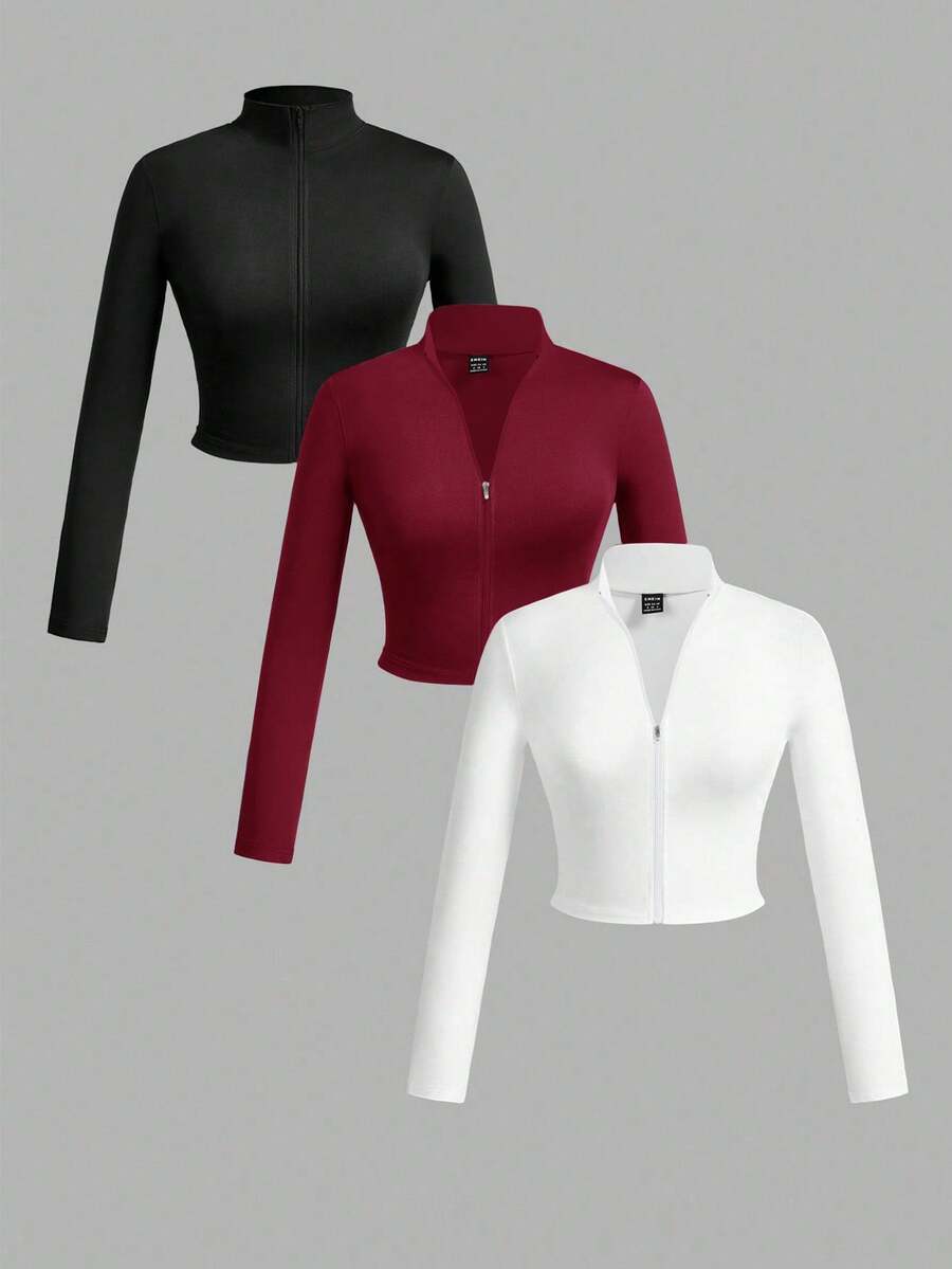Slaydiva 3 件套女士简约休闲秋冬 V 领弹力半拉链 T 恤，紧身长袖，白色+黑色+灰色 - 彩色 - 查看 1