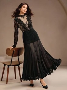 Anewsta Petite Rochie elegantă și romantică din dantelă, cu mânecă lungă, model patchwork, cu tiv evazat și volane, nouă sosire Anewsta - Negru - Vizualizare 7