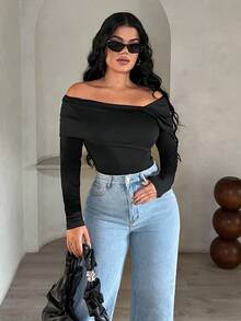 SHEIN SXY 不对称领口黑色长袖紧身衣 - 黑色 - 查看 5