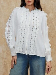 SHEIN Privé VITNOS 2025 Luxury Bohemian Vintage Elegant White Autumn Long Sleeve Blouse,Lace Patchwork Casual Fashion Tea Party Top For Music Festivals,Parties - Beige - View 4