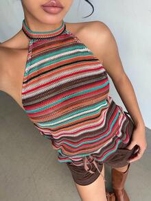 Aloruh Orange Red Striped Print Drawstring Waist Halter Top,Summer Boho Vacation Holiday Fall Clothes For Women Halloween Costumes Winter Clothes - Multicolor - View 7