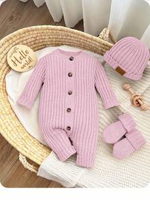 SHEIN Newborn Baby Girl Cute Knitted Jumpsuit With Footies And Hat Set, Versatile For Autumn/Winter Newborn Baby Photoshoot Outfit Newborn Sweater Romper Newborn Going Home Outfit Baby Knit Jumpsuit Newborn Knit Outfit Fall - Baby Pink - View 6